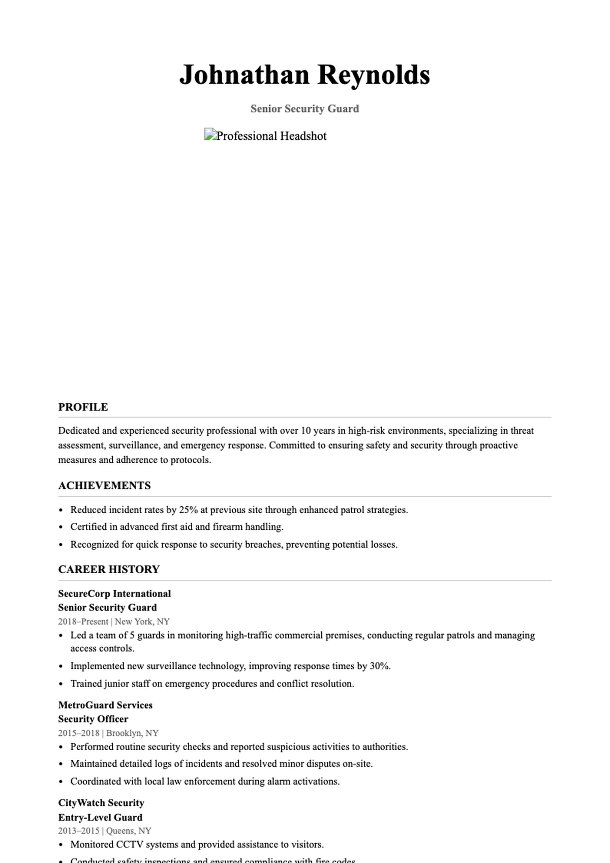 Professional security guard resume template with photo and career timeline_variant_1
